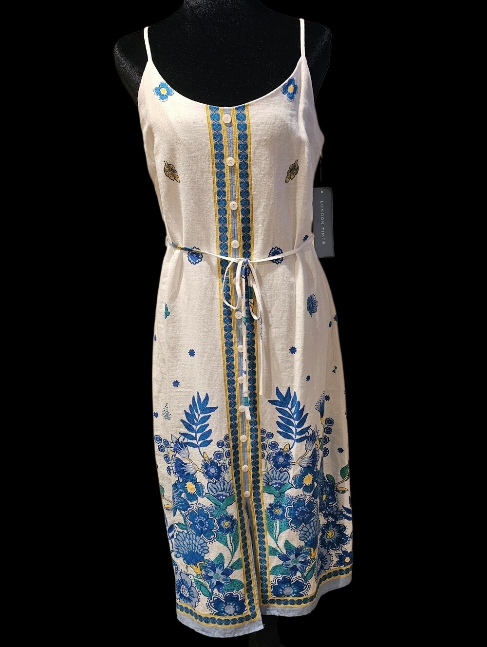 London Times Linen Midi Dress with Blue Floral Border
